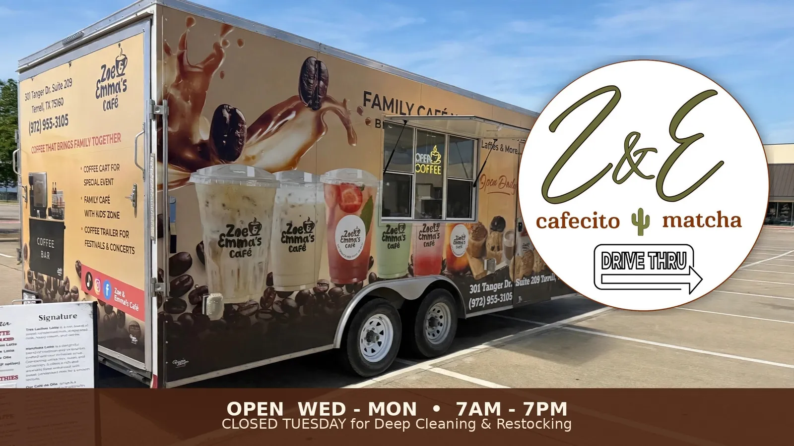 The Cafecito and Matcha trailer at The Shops at Terrell — open Wed-Mon, 7am-7pm